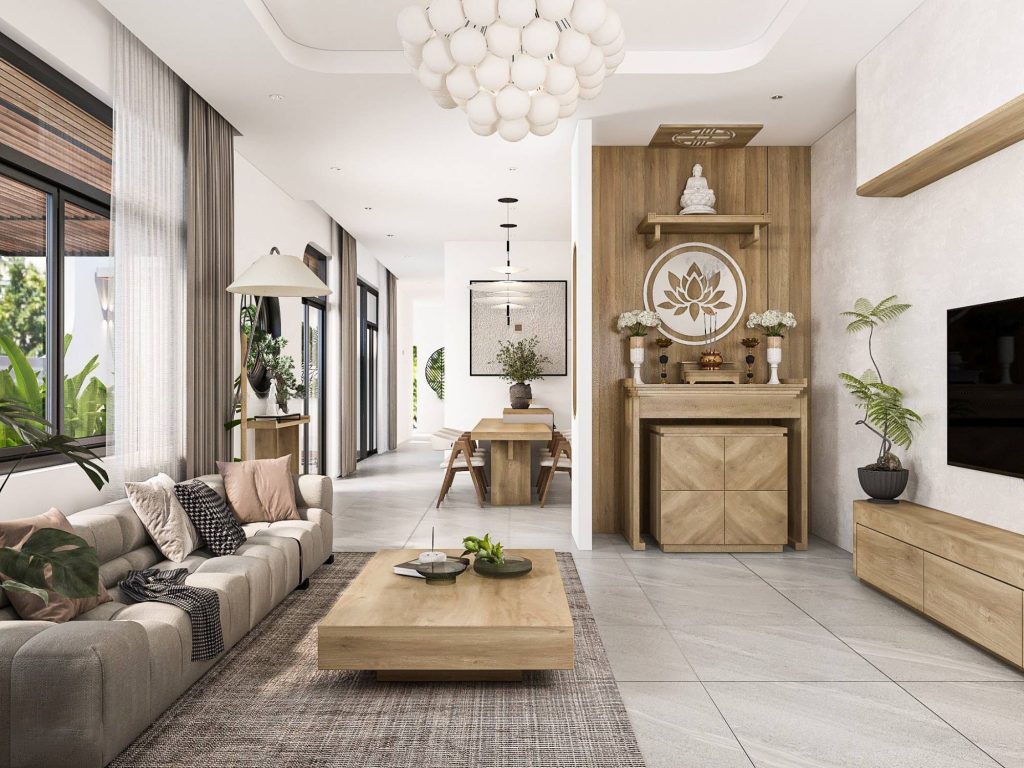 75+ Mẫu Phòng Khách kết hợp phòng thờ tối ưu diện tích thiết kế nhà